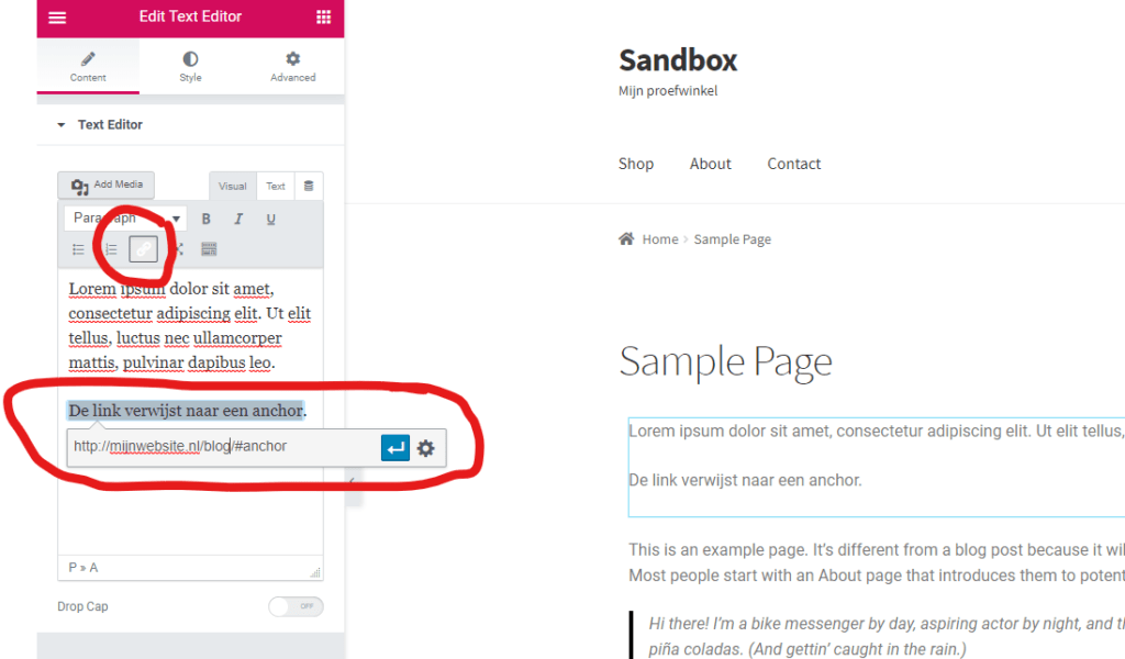 Wordpress Elementor ankor link toevoegen