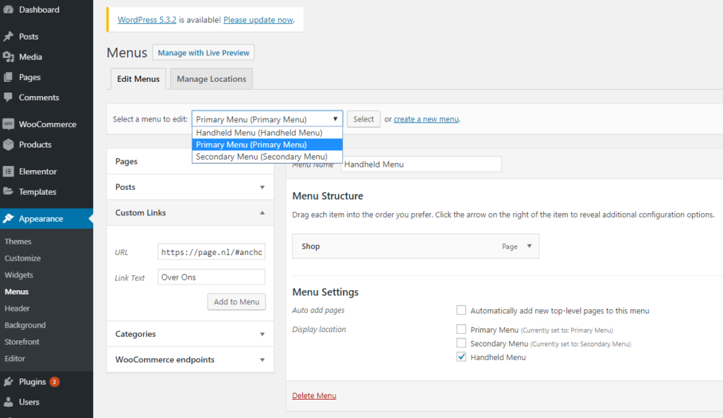 Wordpress menu wijzigen of instellen